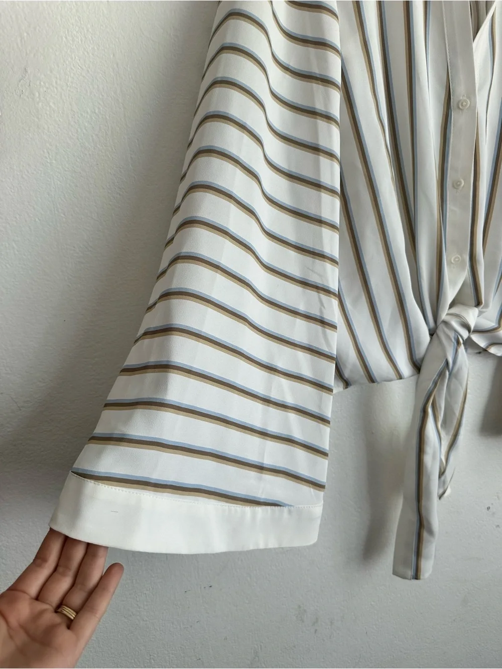 Striped Tie-Front Blouse in Ivory and Taupe - Picture 4 of 5